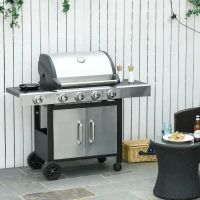 Outsunny Barbecue Gas con Coperchio e 5 Bruciatori da 15.2kW e 4 Ruote, 128x56x113cm(m-2)