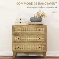 HOMCOM Commode 3 tiroirs meuble de rangement cannage en rotin aspect bois clair 80 x 35 x 76 cm(m-4)