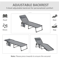 Outsunny Portable Sun Lounger Set of 2, Folding Camping Bed Cot, Reclining Lounge Chair 5-position Adjustable Backrest with Side Pocket, Pillow for Patio Garden Beach Pool, Grey(m-4)