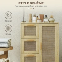 HOMCOM Armoire meuble de rangement style bohème avec 3 tiroirs et 3 étagères, façade rotin tissé, compact, 55 x 30 x 82 cm(m-4)