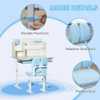 HOMCOM Kids Desk and Chair Set, with Storage Shelves, Washable Cover, for Ages 3-12 Years - Blue(m-7)