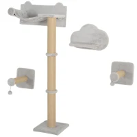PawHut 4-Piece Cat Shelves w/ Scratching Post, Steps, Jumping Platform, Ladder, Toy Balls, for Indoor Cats, Light Grey(m-11)