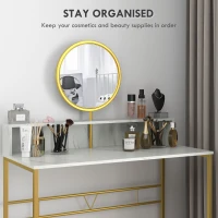 HOMCOM Modern Dressing Table with Round Mirror, Vanity Makeup Desk with Open Storage, Faux Marble Texture and Steel Frame for Bedroom, White(m-5)