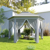 Outsunny 3 x 4m Garden Gazebo Hexagon Pop Up Gazebo Party Tent Canopy Double Roof Instant Shelter with Netting and Carry Bag for Outdoor Patio, Dark Grey(m-7)