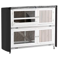 PawHut Wooden Pet Hutch, Two-Tier Cage with Rain Cover, Wheels, White(m-11)