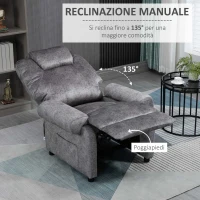 HOMCOM Poltrona Relax Reclinabile Manualmente in Tessuto con Imbottitura Extra, Grigio(m-4)