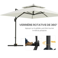 Outsunny Parasol déporté carré 3 x 3 m double toit inclinable pivotant manivelle lestage inclus métal polyester beige(m-4)