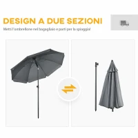 Outsunny Ombrellone da Spiaggia 1.8x2  m, in Poliestere e Acciaio a 8 Stecche con Reclinazione a 45°, Grigio(m-8)