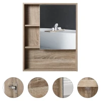 kleankin Armario con Espejo Armario de Baño Montado en Pared con Estante Ajustable en Altura Espacio Interno Estantes Abiertos 60x15x76 cm Grano de Roble(m-8)