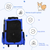 PawHut Sac de transport à roulettes pour chien 2 en 1 trolley chariot sac à dos pour chien chat avec poignée téléscopique, sacs de rangement, aérations, attache de sécurité, 42 x 25 x 55 cm, bleu(m-6)
