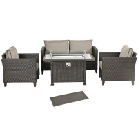 Outsunny 5-Piece Rattan Patio Furniture Set with Gas Fire Pit Table, Loveseat Sofa, Armchairs, Cushions, Pillows, Dark Brown(m-11)