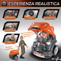 HOMCOM Officina Camion Giocattolo per Bambini 3-5 Anni con Motore, Ruote e Maniglia, 61 Accessori, 40x39x47cm, Arancione(m-6)