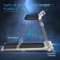 HOMCOM Tapis de course électrique pliable 1-15 km/h 735 W tapis roulant écran LED support tablette port USB bande extra-large antidérapant acier PP ABS 158 x 81 x 25 cm noir et argent(m-4)