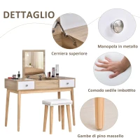 HOMCOM Tavolo da Trucco Moderno con Specchio Estraibile, Organizer Gioielli, 2 Cassetti e Sgabello, Color Legno(m-6)