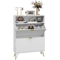 HOMCOM 12 Shoe Storage Cabinet, with Chevron Indents and Gold Tone Accents - White(m-1)