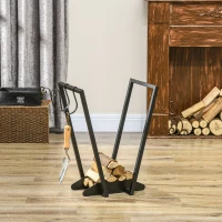 Outsunny Scaffale Portalegna con Ganci da Esterno e Interno in Acciaio, 45x32x58cm, Nero(m-7)