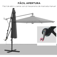 Outsunny Sombrilla de Jardín Giratoria 360° 3x3 m con Manivela Manual 8 Varillas Base Cruzada y Soporte de Acero Gris Oscuro(m-6)