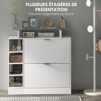 HOMCOM Meuble à chaussures avec 2 tiroirs rabattables 12 paires, plateau en verre et étagères réglables, 89 x 25 x 92 cm, blanc(m-5)