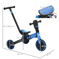 HOMCOM Tricycle bébé évolutif 4 en 1 pour Enfants vélo draisienne avec poignée de poussée réglable, Repose-Pieds Amovible pour 18-48 Mois, Bleu(m-3)