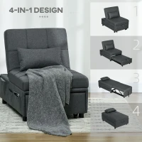 HOMCOM Convertible Chair Bed with Padding Seat, 4-in-1 Multi-Functional Sleeper Sofa Bed, Recliner with Adjustable Backrest, Side Pocket, Wheels and Pillow, for Living Room, Grey(m-6)