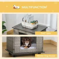 PawHut Wicker Dog House, Rattan Pet Bed, Cat House, End Table Furniture, with Soft Cushion, Adjustable Feet, for X-Small Dogs Grey, 60 x 44 x 51.5 cm(m-4)