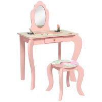 ZONEKIZ Kids Dressing Table with Mirror, Stool, Drawer, Cute Animal Design - Pink(m-1)