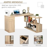 HOMCOM Scrivania Angolare Moderna in Legno con Cassetto, Armadietto e Mensole, Arredamento per Ufficio e Casa, Rovere(m-5)