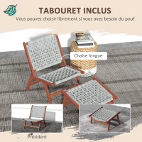 Outsunny Fauteuil de jardin avec repose-pieds - chaise relax en bois d'acacia et corde résine tressée - naturel, gris(m-5)