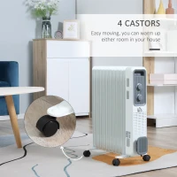 HOMCOM 2500W Oil Filled Radiator, 11 Fin, Portable Electric Heater with 3 Heat Settings, Safety Cut-Off and Wheels, White(m-6)