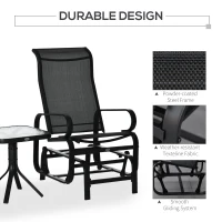 Outsunny 3 Pieces Garden Gliding Chair Set, Metal Frame 2 Single Armchair Swing Seater and 1 Glass Top Coffee Table w/ Breath Mesh Fabric Seat, Black(m-5)