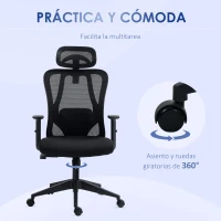 Vinsetto Silla de Oficina Giratoria con Reposabrazos 2D Silla Escritorio Regulable en Altura Reposacabezas Soporte Lumbar y Respaldo Alto Malla Transpirable 67x64x117-127 cm Negro(m-6)