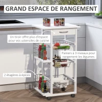 HOMCOM Chariot de service desserte de cuisine à roulettes multi-rangements 3 paniers métal tiroir + 2 range-bouteilles bois pin blanc(m-5)