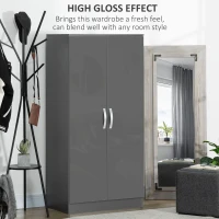 HOMCOM High Gloss Wardrobe, 2 Door Wardrobe with Hanging Rod and Storage Shelf, Clothes Storage Organizer with Anti-tipping Design for Bedroom, Grey(m-4)