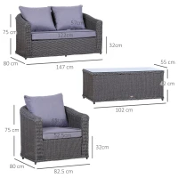 Outsunny Deluxe Round PE Rattan Garden Furniture Set, Fully-assembly Outdoor Sofa Set with Armchair, Loveseat, Glass Top Coffee Table, Aluminium Frame, Cushion, Grey(m-3)