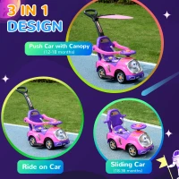 AIYAPLAY 3 in 1 Ride on Push Car, Cartoon Robot Theme Foot to Floor Slider w/ Handle Light Music Horn, Storage - Pink(m-4)
