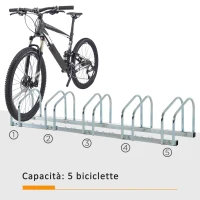 HOMCOM Rastrelliera Portabiciclette Parcheggio per 5 Biciclette in Acciaio, 145×33×27 cm, Argento(m-4)