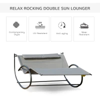 Outsunny Double Sun Lounger, Rocking Lounger Sunbed Daybed with Armrest and Headrest Pillow, for Two, For Outdoor Patio Garden, Grey(m-6)