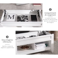 HOMCOM Table basse plateau relevable, table de salon avec étagères et compartiment caché,105 x 50 x 49-62,5 cm pour salon, chambre, aspect marbre gris(m-6)