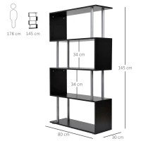 HOMCOM Librería en Forma S Estantería para Libros de 4 Niveles Mueble Estantería para Salón Oficina Estudio 80x30x145 cm Negro(m-3)