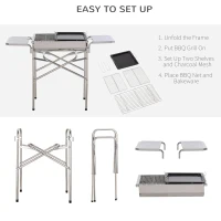 Outsunny Outdoor Folding BBQ Rectangular Stainless Steel Foldable Pedestal Charcoal Barbecue Grill - Silver(m-5)
