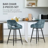 HOMCOM Bar Stools Set of 2, Velvet-Touch Fabric Counter Height Bar Chairs, Kitchen Stools with Steel Legs for Dining Area, Kitchen Island Barstools, Blue(m-4)