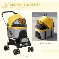 PawHut Detachable Pet Stroller with Rain Cover, 3 In 1 Cat Dog Pushchair, Foldable Carrying Bag w/ Universal Wheels, Brake, Canopy, Basket, Storage Bag for Small and Tiny Dogs - Yellow(m-6)