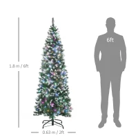 HOMCOM 6FT Tall Prelit Pencil Slim Artificial Christmas Tree with Realistic Branches, 300 Colourful LED Lights and 618 Tips, Xmas Decoration, Green(m-3)