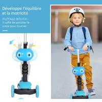 HOMCOM 5 en 1 Trottinette pour Enfants Trottinette 3 Roues évolutive Hauteur Guidon réglable charge max. 60 Kg Canne télescopique Selle Dossier Amovible Bleu(m-4)