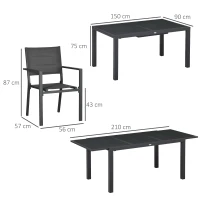 Outsunny Set da Giardino con Tavolo Allungabile in Vetro e 6 Sedie con Seduta Traspirante, Grigio Scuro(m-3)