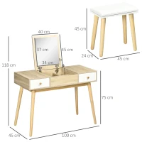 HOMCOM Ensemble de coiffeuse avec tabouret miroir rabattable style scandinave 2 tiroirs 100 x 45 x 118 cm naturel et blanc(m-3)