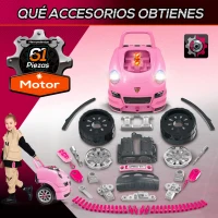 HOMCOM Juego Infantil de Motor con Herramientas 61 Piezas Volante Bocina Faros Caja de Almacenaje y Ruedas 40x39x47 cm Rosa(m-5)
