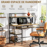 HOMCOM Bureau avec rangement bureau informatique bureau d'ordinateur avec 4 étagères, grand plateau et panneau noir, marron(m-5)