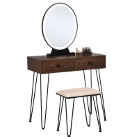 HOMCOM Coiffeuse Table de maquillage moderne - Miroir LED réglable intégré - Tabouret Inclus - pied en métal Noir - 2 tiroirs + 1 Organisateur Imitation Bois Noyer foncé(m-1)