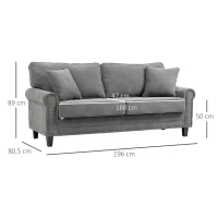 HOMCOM Sofá de 3 Plazas con Tachuelas Oro Envejecido Tapizado en Poliéster con 2 Cojines Decorativos 196x80,5x89 cm Gris(m-3)
